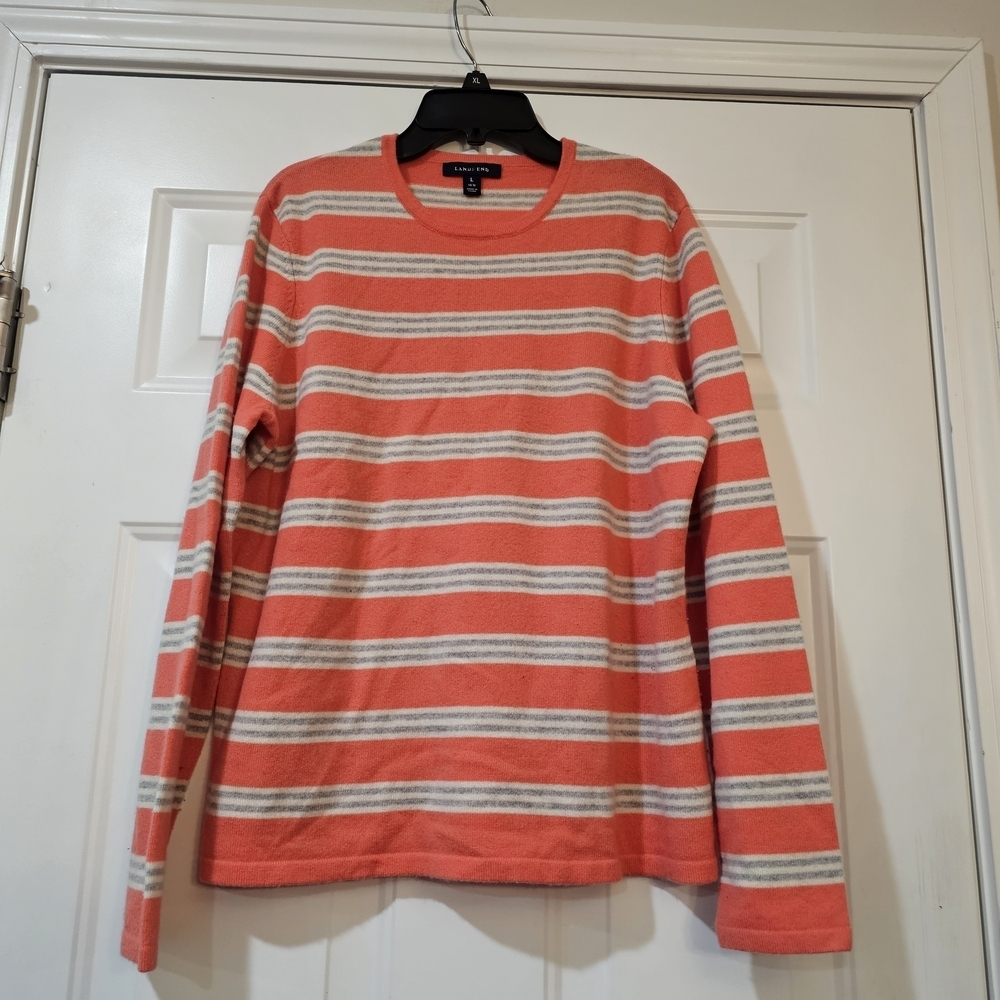 Lands' End Coral and Cream Size Large Striped Sweater Cashmere {Bx3}
